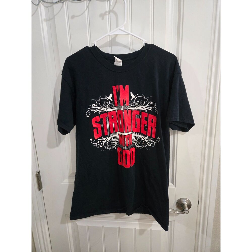 Gildan Mens Large Black Graphic T Shirt I’m Stronger With God Faith Tee